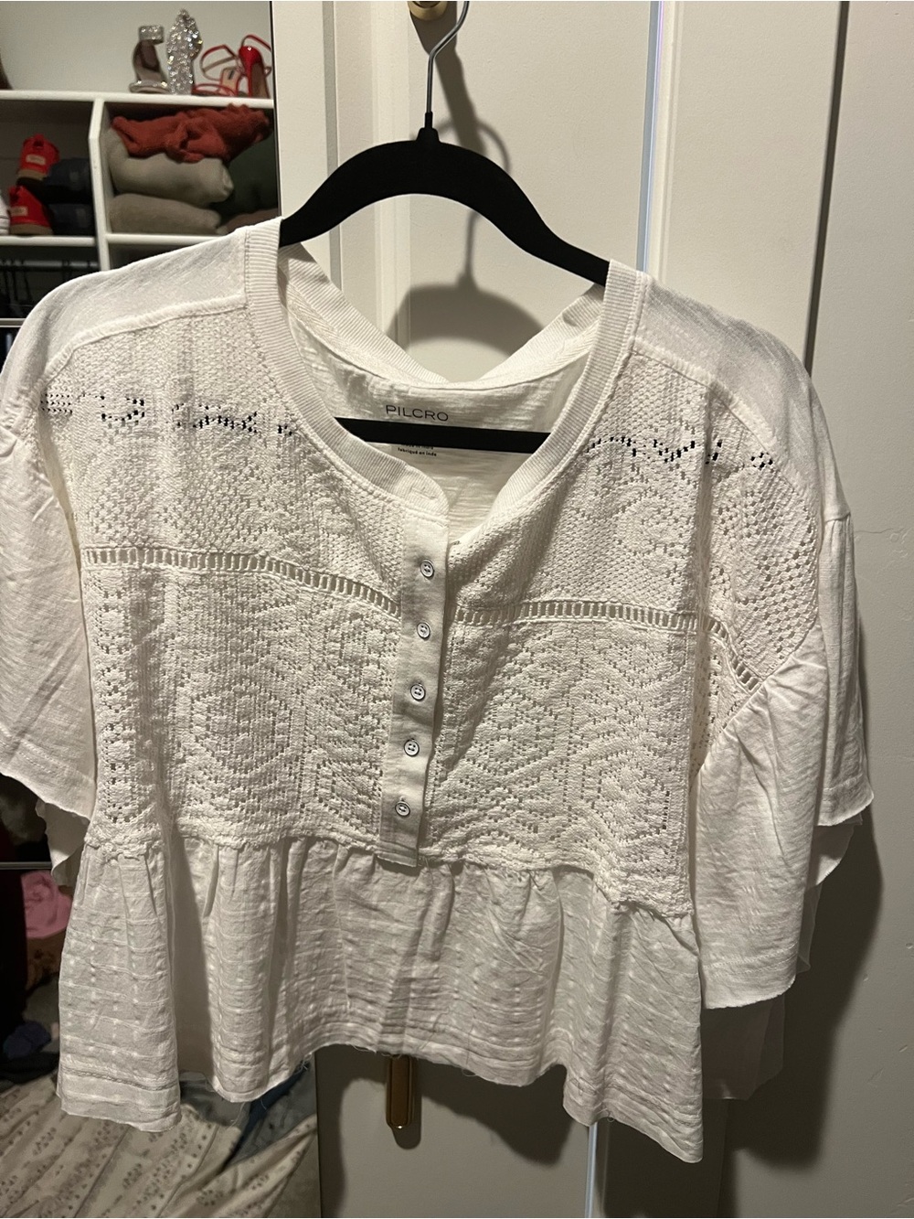 Pilcro White Crochet-Panel Button Henley Peplum Top